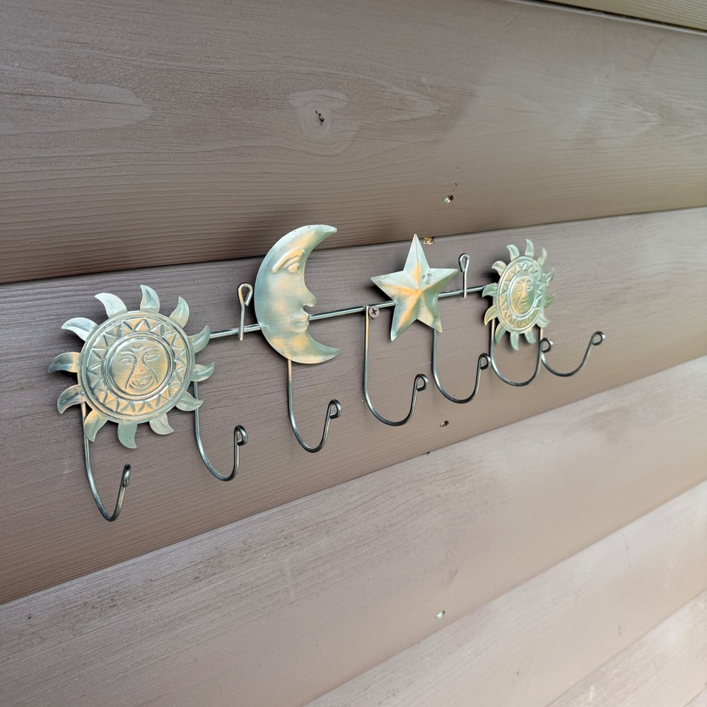 Vtg 90s Celestial Sun Moon Star Wall Hook Rack Metal Boho Witchy Deco Organizer